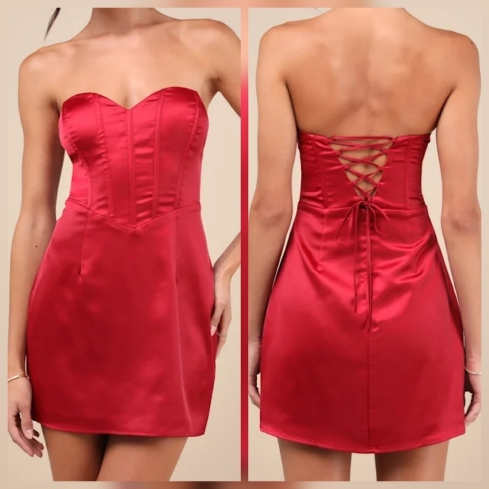 Lulus Sexy Perfection Wine Red Satin Strapless Bustier Mini Dress, Size XL